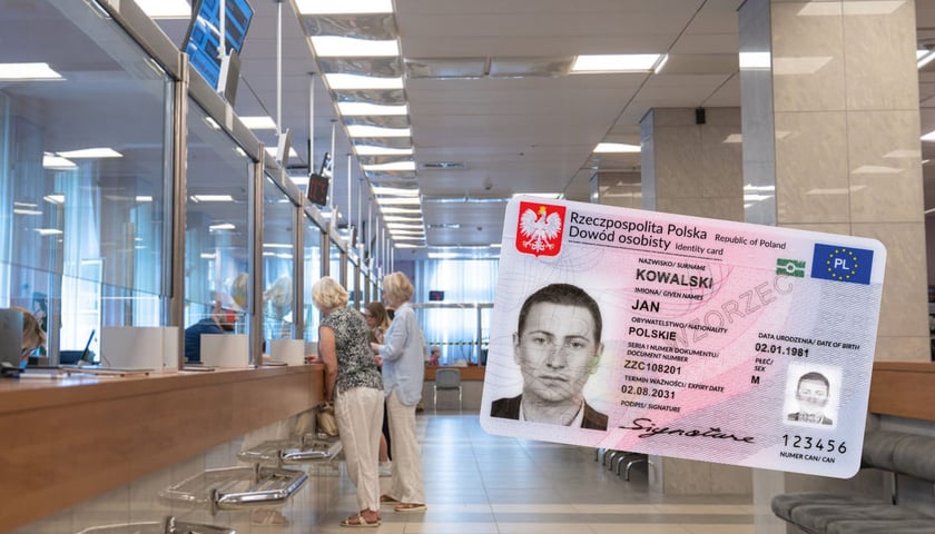 w tle: sala COM I - klientki załatwiają sprawę przy okienku w urzędzie; w prawym dolnym roku wzór polskiego dowodu osobistego