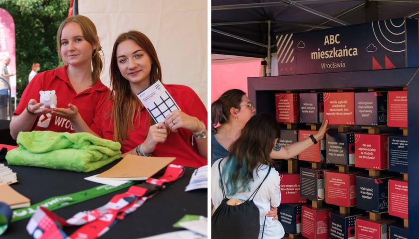 zdjęcia z poprzednich pikników "Wakacje z wroclaw.pl": hostessy prezentują figurkę świnki oraz kartę do zbierania pieczątek; dwie kobiety oglądają wystawę "ABC Mieszkańca"
