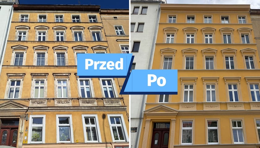 Zdjęcie podzielone na dwie części: z lewej - kamienica przy ul. Żeromskiego 5 przed remontem i nałożony napis "Przed"; z prawej - ten sam budynek z odnowioną elewacją frontową, na kadrze nałożony na pis "Po".