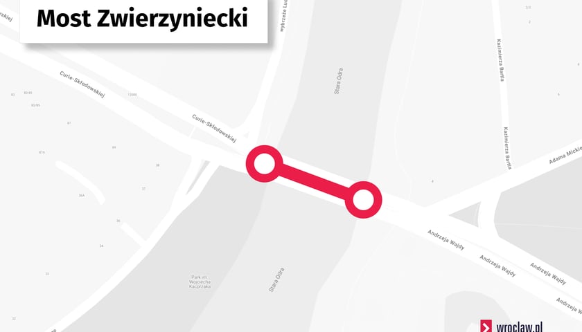 <p>Most Zwierzyniecki zaznaczony na mapie</p>