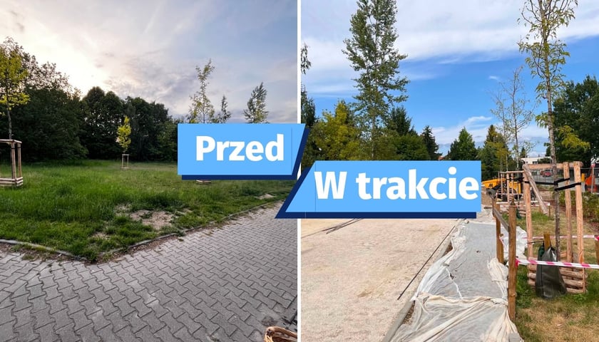 Zdjęcie podzielone na pół: z lewej trawnik i drzewa na ujęciu nałożony napis "Przed"; z prawej - robotnicy prace budowlane przy tworzeniu toru do gry w bule na skwerze przy skrzyżowaniu ulic Rychłej i Dziarskiej.