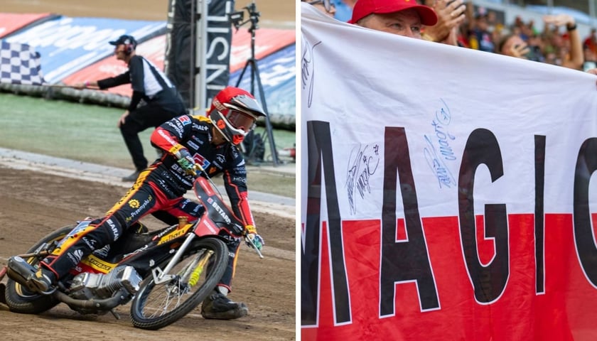 Żużlowiec Sparty na torze | biało-czerwona flaga z napisem MAGIC trzymana przez kibiców na trybunie Stadionu Olimpijskiego na meczu Sparty