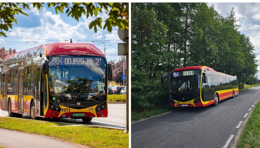 Zdjęcie podzielone nas pół: z lewej - autobus linii nr 904 stojący w zatoce przystankowej; z prawej - autobus nr 964 na trasie podmiejskiej.