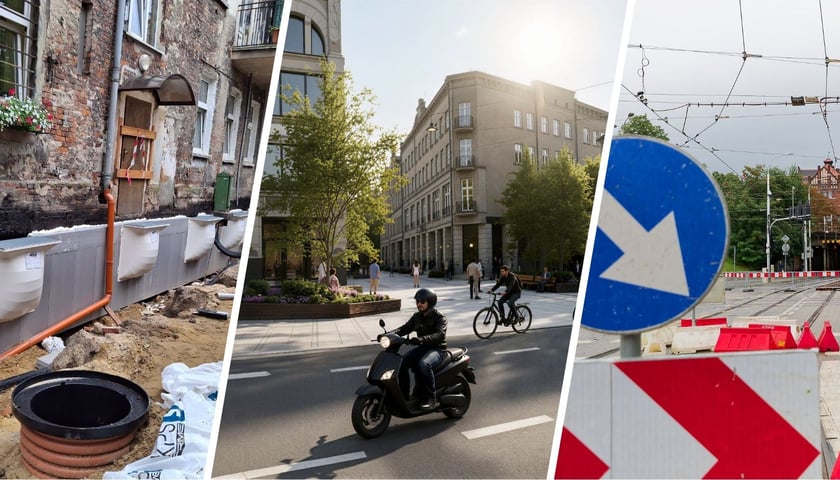 Zdjęcie to kolaż trzech pionowych ujęć. Lewe pokazuje prace ziemne przy starej kamienicy. Środkowe ukazuje osobę na skuterze i rowerzystę na wizualizacji ul. Ruskiej. Prawe przedstawia remont torowiska z widocznymi barierami i znakiem drogowym na ul. Trzebnickiej.  Raport inwestycyjny z Wrocławia od 22 do 28 sierpnia.