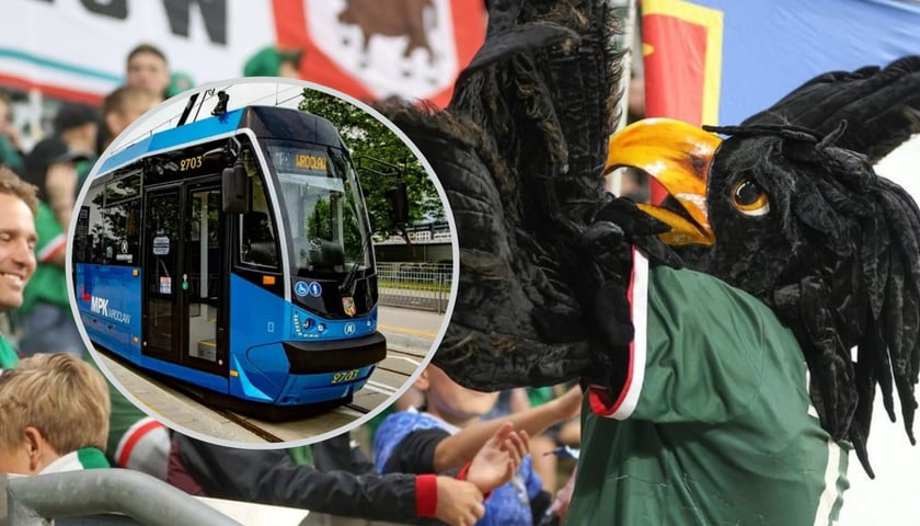 Na dużym zdjęciu maskotka WKS-u. Na małym, w kółku, tramwaj MPK Wrocław 