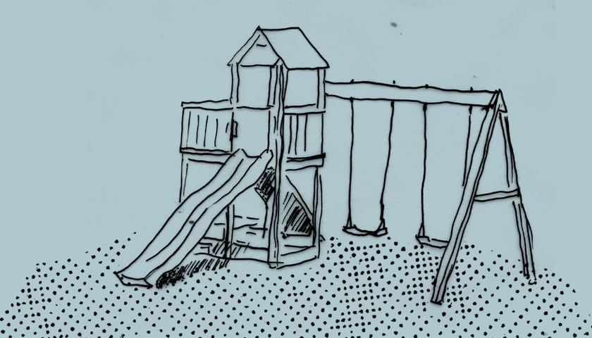 Motywy placu zabaw. Zjeżdżalnia i huśtawki. Grafika ilustracyjna.