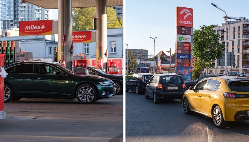 dwa zdjęcia, od lewej: samochody na stacji benzynowej przy dystrybutorze; kolejka do wjazdu na stację benzynową