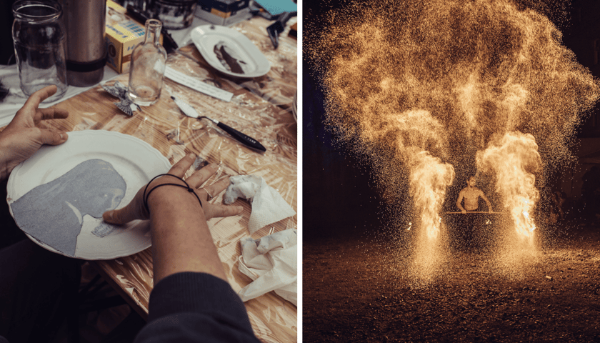 Kolaż 2 zdjęć przedstawiających poprzednią edycję wydarzenia: CeramikFest 2025. Z lewej warsztaty, z prawej fire show