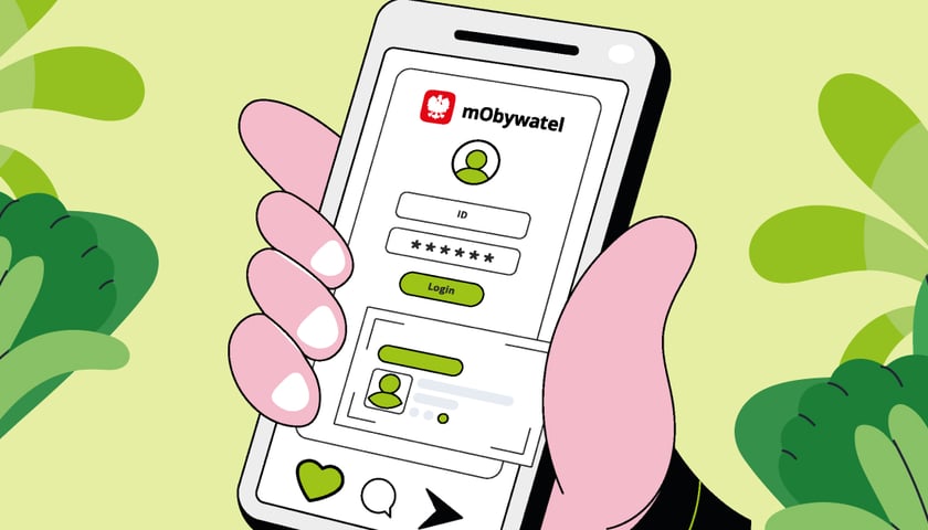 Dłoń trzymająca smartfon z otwartą aplikacją mObywatel i formularzem logowania.