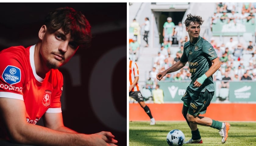 Zdjęcie podzielone na pół: z lewej Michał Rosiak w koszulce klubowej FC Twente; z prawej - Michał Rosiak z piłką na boisku podczas meczu Śląska Wrocław w Ekstraklasie.