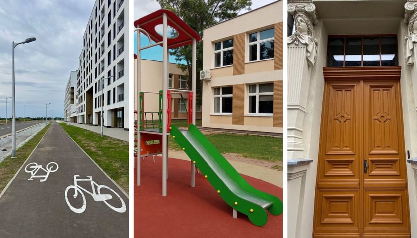 Na 3 zdjęciach od lewej Żerniki, plac zabaw ze zjeżdżalnią, odrestaurowana kamienica przy ul. Lelewela