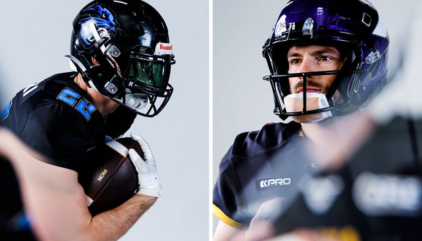 Z lewej: zawodnik Panthers Wrocław, z prawej: zawodnik Vienna Vikings