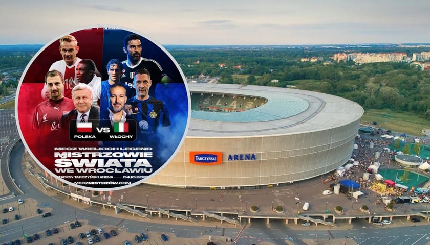 Stadion Tarczyński Arena we Wrocławiu widziany z góry. W kółeczku plakat meczu Polska - Włochy
