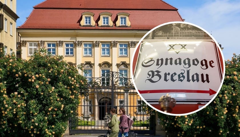 W tle - pałac królewski we Wrocławiu, siedziba Muzeum Miejskiego. W kółku - szyld Synagogi Wrocławskiej w gablocie Muzeum Miejskiego.