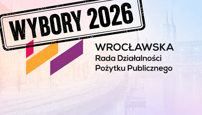 Grafika ilustracyjna, na pierwszym planie abstrakcyjne logo i napis Wrocławska Rada Pożytku Publicznego, w tle zarys zabudowy w centrum Wrocławia nad Odrą, w górnym lewym rogu napis: WYBORY 2026.