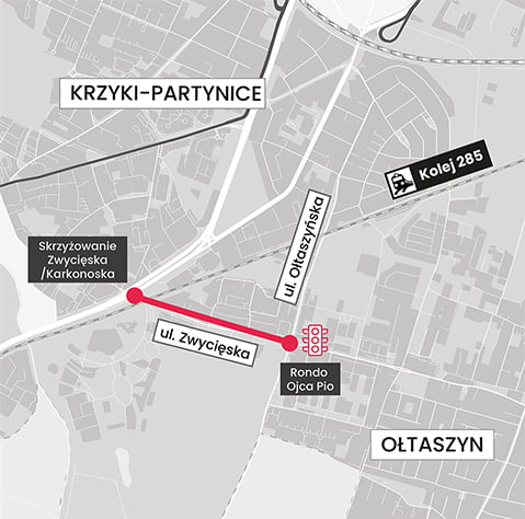Mapa przedstawia odcinek ulicy Zwycieskiej, który zostanie przebudowany