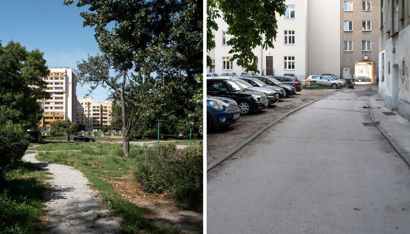 dwa zdjęcia z podwórka: zielony fragment osiedla przed rewitalizacją; samochody parkujące na podwórku, w tle brama wjazdowa