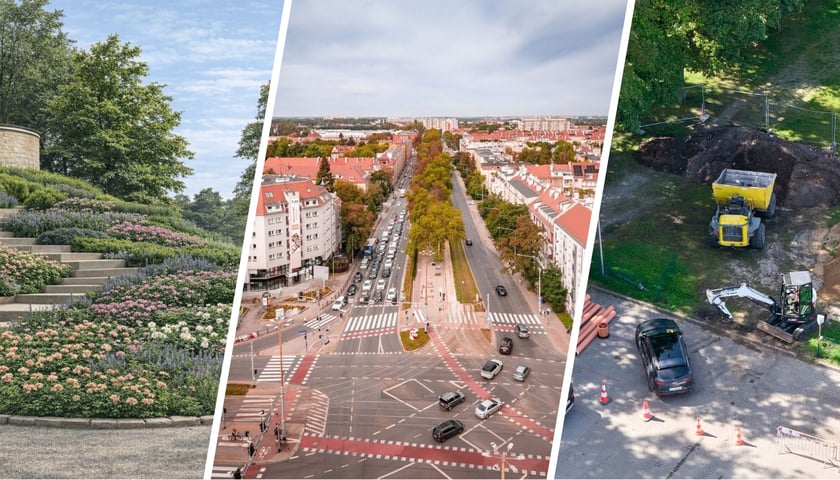 trzy zdjęcia: wizualizacja Promenady Staromiejskiej, skrzyżowanie Hallera/Powstańców Śląskich z lotu ptaka; wykop przy Stadionie Sportowym „Oławka”