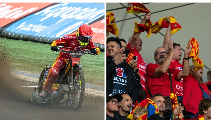 Zdjęcie podzielone na pół: z lewej - żużlowiec Betard Sparty Wrocław podczas startu na torze; z prawej - kibice Sparty na trybunach Stadionu Olimpijskiego cieszący się i kręcący szalikami.
