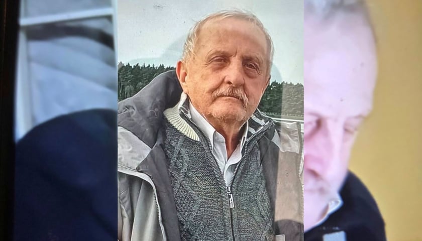Wizerunek poszukiwanego Stanisława (siwe włosy, siwy wąs, ubrany w koszulę, rozpinany sweter i kurtkę)