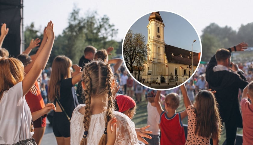Zdjęcie ilustracyjne. Grupa dzieci na festynie rodzinnym, w kółku kościół pod wezwaniem św. Maurycego we Wrocławiu
