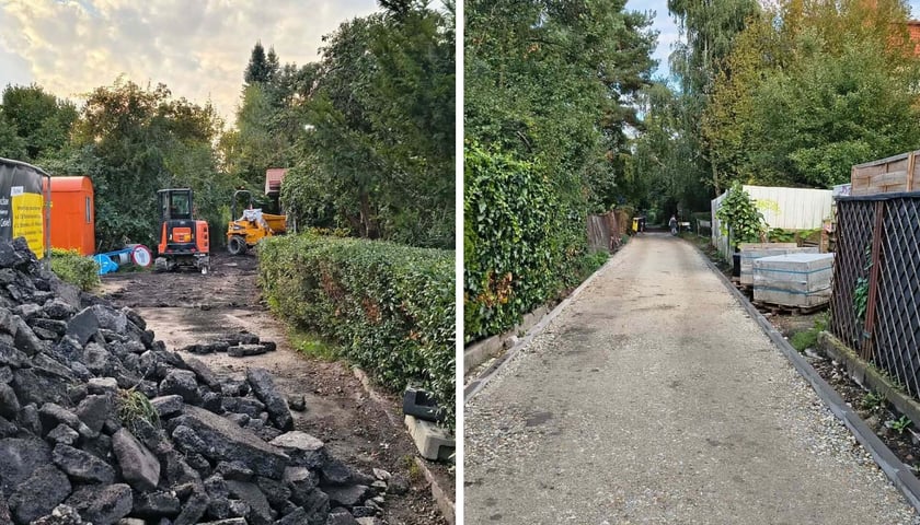 Zdjęcie podzielone na pół: z lewej - hałda starego zerwanego asfaltu na ul. Boznańskiej , w tle maszyny budowlane; z prawej - widok na odcinek ul. Boznańskiej z nową podbudową.