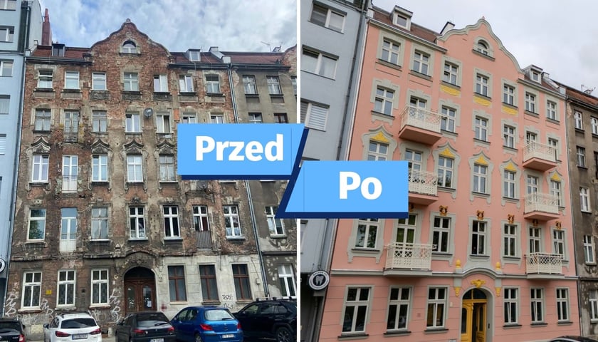 zdjęcia pokazujące stan kamienicy przed (szara odrapana elewacja) i po remoncie (zadbana elewacja w różowym kolorze)