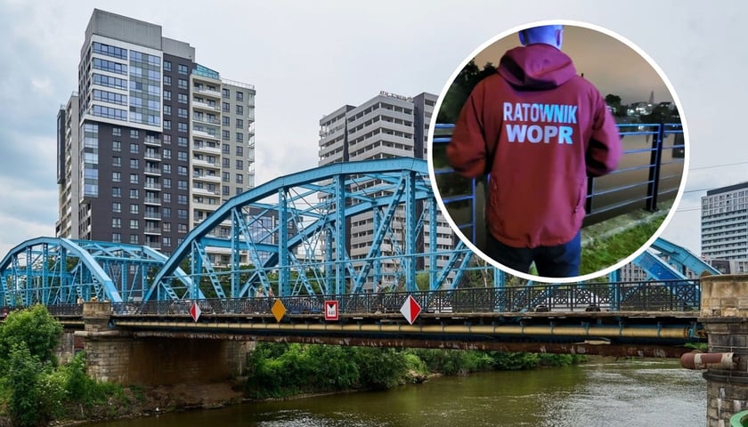 zdjęcie ilustracyjne: w tle: Most Sikorskiego we Wrocławiu; w kółku: zdjęcie z akcji - ratownik WOPR nad brzegiem