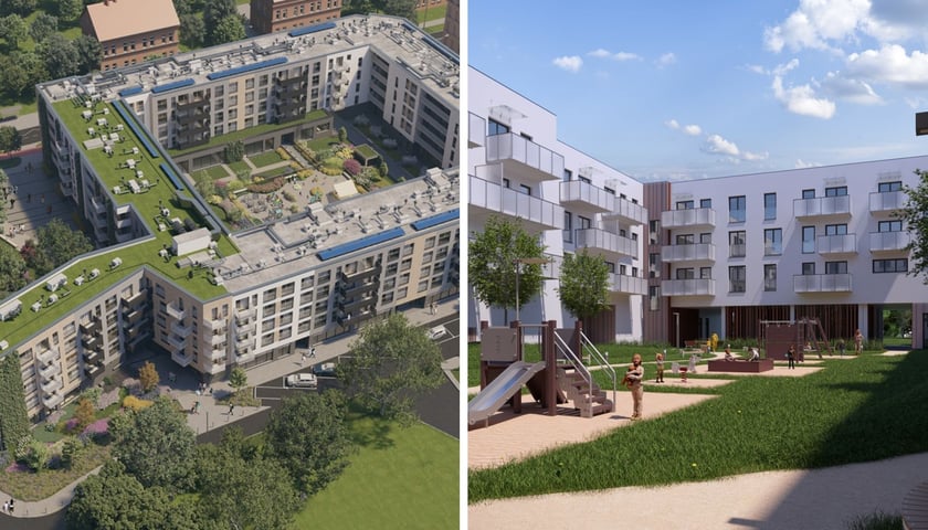 Ilustracja podzielona na dwie części: z lewej planowany budynek TBS na Brochowie; z prawej - wizualizacja inwestycji TBS na Nowych Żernikach.