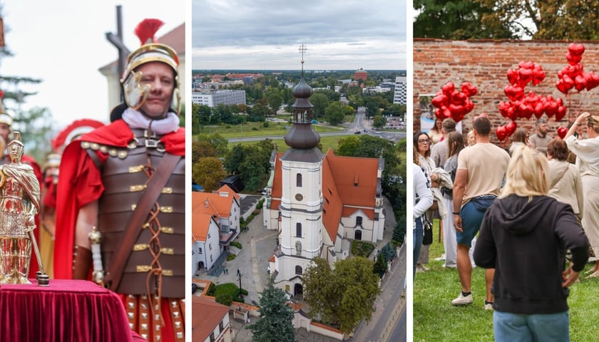 Na zdjęciu z lewej procesja z relikwiami św. Maurycego, w środku kościół św. Maurycego z lotu ptaka, z prawej piknik parafialny