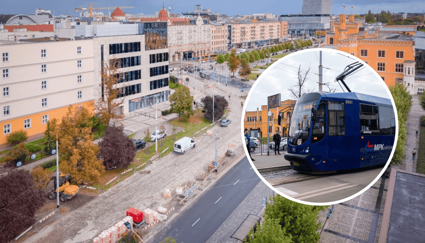 Widok z drona na plac budowy na ulicy Peronowej (21 września 2026), z prawej w kółku tramwaj