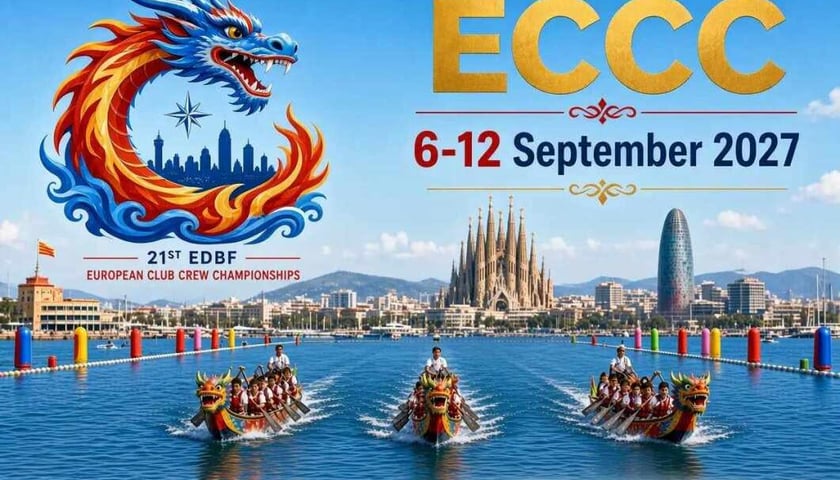 Plakat zapowiadający mistrzostwa Europy Łodzi Smoczych w Barcelonie w 2027 roku