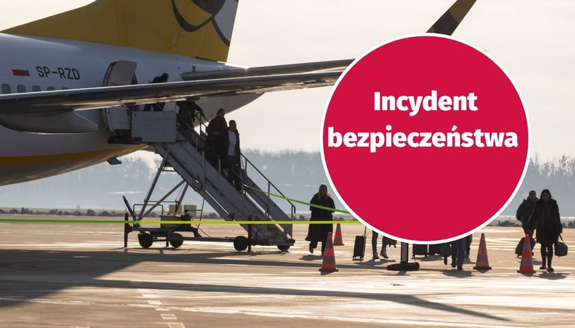 W tle: samolot na płycie lotniska (zdjęcie ilustracyjne), w kółku: napis ''incydent bezpieczeństwa na lotnisku''