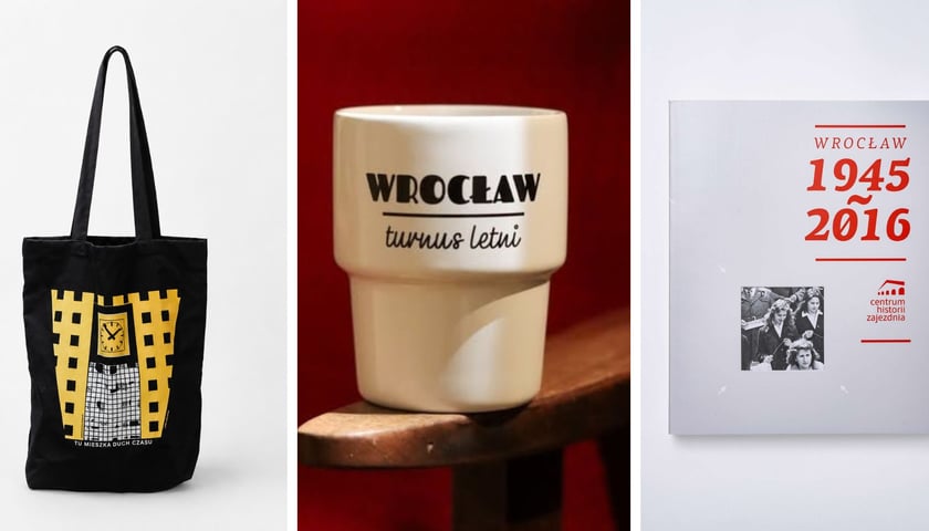 Na zdjęciu od lewej torba, kubek, książka do wygrania w konkursie