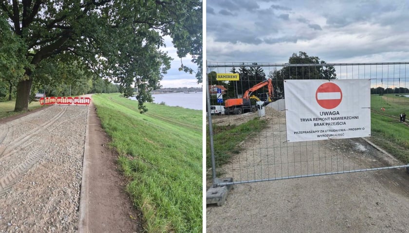 Zdjęcie podzielone na pół: z lewej - widok na remontowana nawierzchnie ścieżki na  wale na Odrą; z prawej - płot i baner ze znakiem zakazu ruchu zagradzający odcinek wału objęty remontem, w tle widoczne maszyny budowlane. 