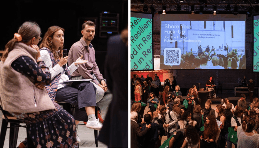 Uczestnicy Placemaking Week Europe na otwarciu w Piekarni Żywa Kultura przy ul. Księcia Witolda - zestawienie 2 zdjęć. 