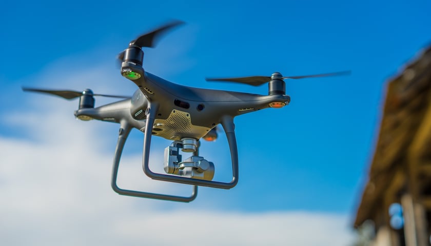 Dron unoszący się w powietrzu.