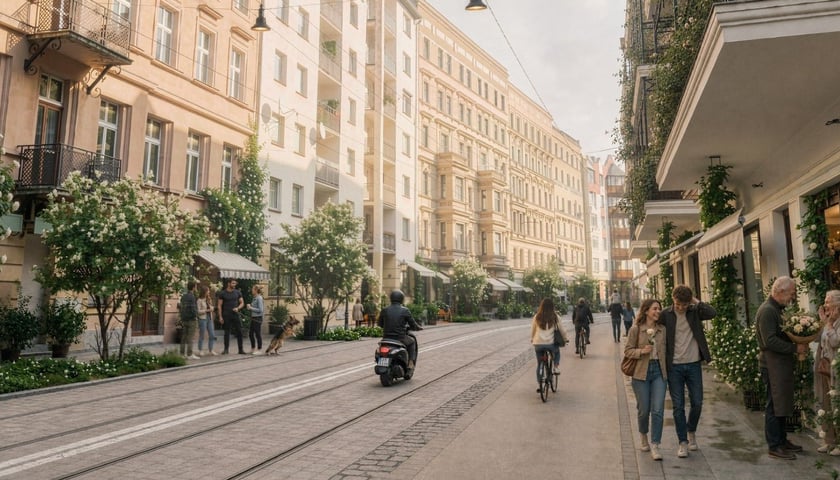 Tak ma wyglądać ulica Szczytnicka po przebudowie  - wizualizacja przedstawia pieszych oraz osobę jadącą na skuterze po wyremontowanej, pełnej zieleni ul. Szczytnickiej
