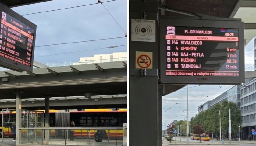 dwa zdjęcia przedstawiające testowane tablice z informacją o liniach i kierunkach odjazdu z danego peronu