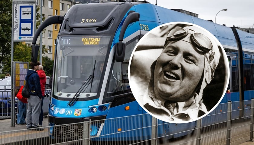 Na dużym zdjęciu tramwaj im. Bolesława Orlińskiego (fot. Władysław Myślicki), na małym Bolesław Orliński (fot. domena publiczna) 