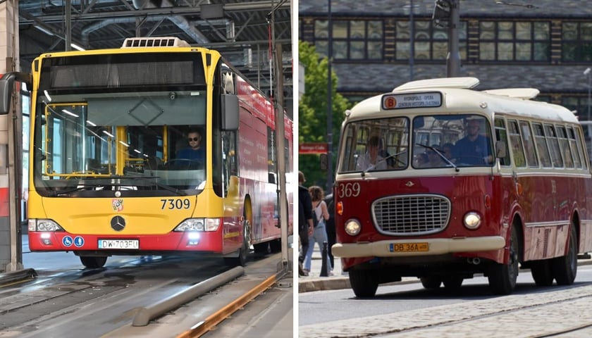 Na zdjęciu z lewej autobus w zajezdni przy Obornickiej, z prawej na zdjęciu „ogórek” jadący przez Świdnicką