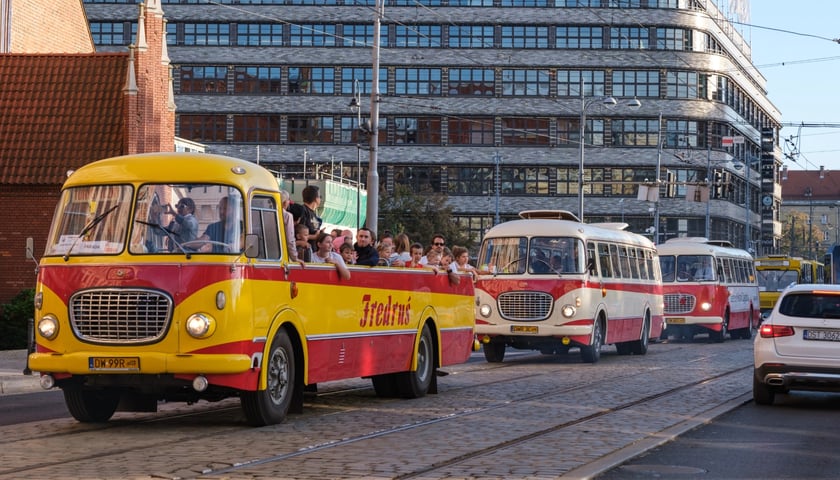 Parada Zabytkowych Autobusów: na przodzie wrocławski „Fredruś”, dalej inne pojazdy jadące ul. Świdnicką