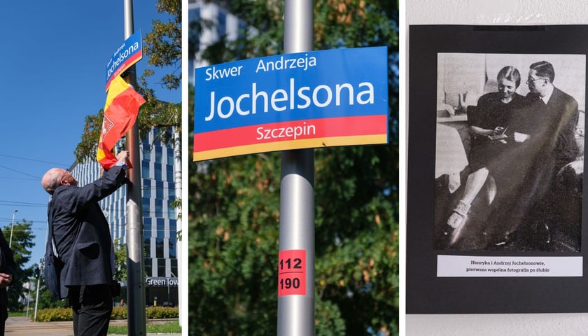 trzy zdjęcia: moment odsłonięcia tabliczki; tabliczka z napisem "Skwer Andrzeja Jochelsona/Szczepin"; zdjęcie Henryki i Andrzeja Jochelsonów na wystawie w kamieniczce "Małgosia"