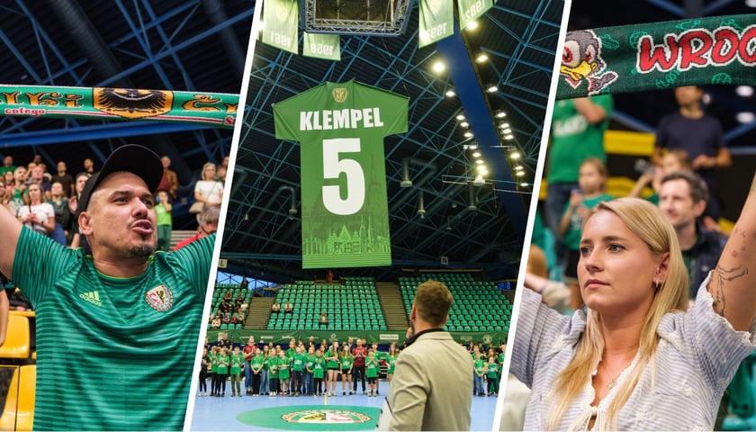 Kobieta i mężczyzna z szalikami nad głowami podczas meczu Śląska z Gwardią w Orbicie, zielona koszulka Jerzego Klempela wciągana pod sufit hali (27 września 2026)