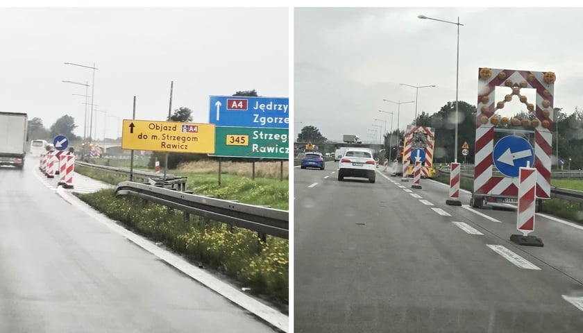 Zdjęcie podzielone na pół: z lewej widok na wyłączony z ruchu zjazd z autostrady zagrodzony pachołkami; z prawej - pachołki i znaki na tablicy świetlnej ostrzegające o zamkniętym zjeździe z A4.