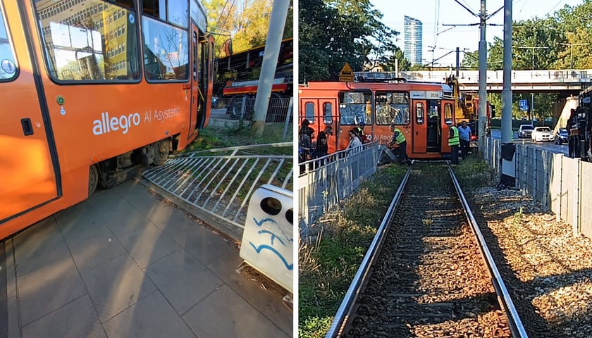 dwa zdjęcia: tramwaj wypadł z torów i uszkodził barierkę