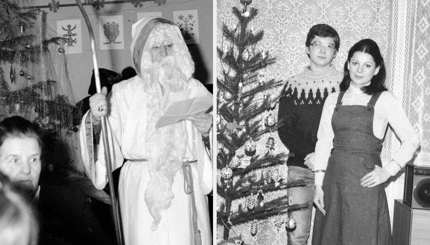 Mężczyzna w stroju św. Mikołaja, choinka, kobieta i chłopiec. Święta Bożego Narodzenia w PRL-u. 