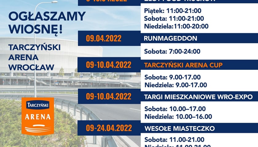 Program wydarzeń weekendowych (8-10.04) na Tarczyński Arena Wrocław
