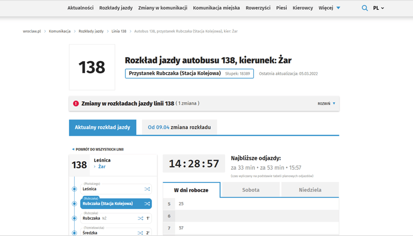 Nowy rozkład jazdy. Po kliknięciu w wybrany przystanek, wyświetli się czas najbliższych odjazdów