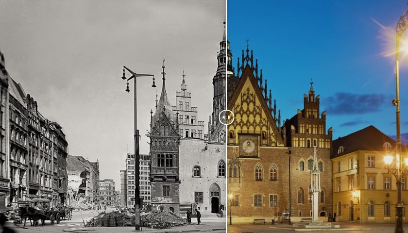 Fot. 1. Ratusz od wschodu. Fot. Rudolf Jagusch (?), 1945 [Zbiory Muzeum Miejskiego Wrocławia]
Fot. 2 Wschodnia elewacja ratusza. Fot. Stanisław Klimek, 2020